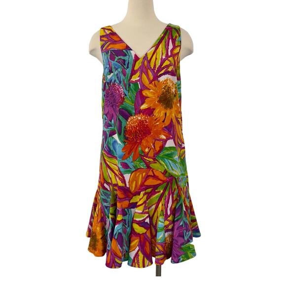 Ralph Lauren Sleeveless Flounce Hem Double V Neck Dress Orange Teal Floral 10 - Picture 1 of 10